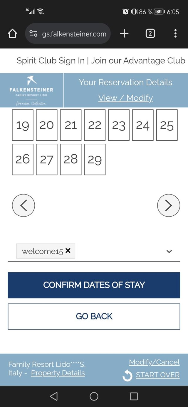 Falkensteiner Hotels & Residences checkout page showing Falkensteiner Hotels & Residences promo code box | Screenshot taken by SimplyCodes community member on Jan 20, 2024