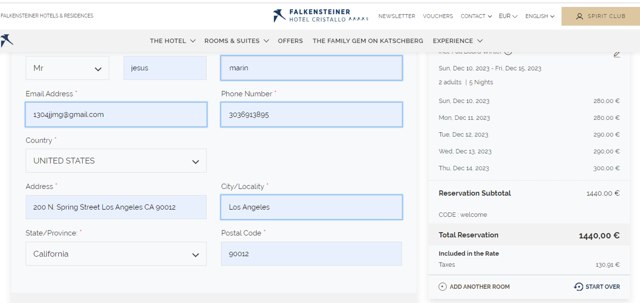 Falkensteiner Hotels & Residences checkout page showing Falkensteiner Hotels & Residences promo code box | Screenshot taken by SimplyCodes community member on Dec 5, 2023