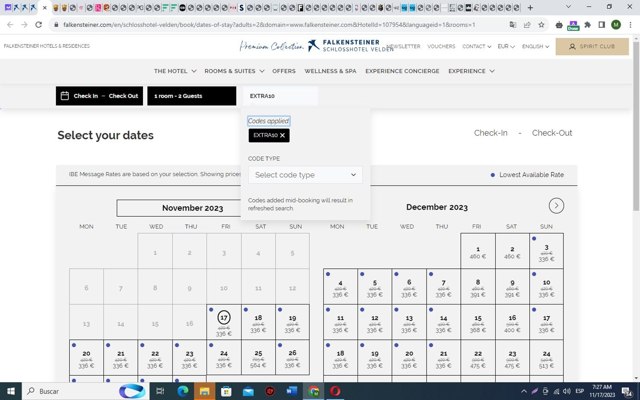 Falkensteiner Hotels & Residences checkout page showing Falkensteiner Hotels & Residences promo code box | Screenshot taken by SimplyCodes community member on Nov 17, 2023