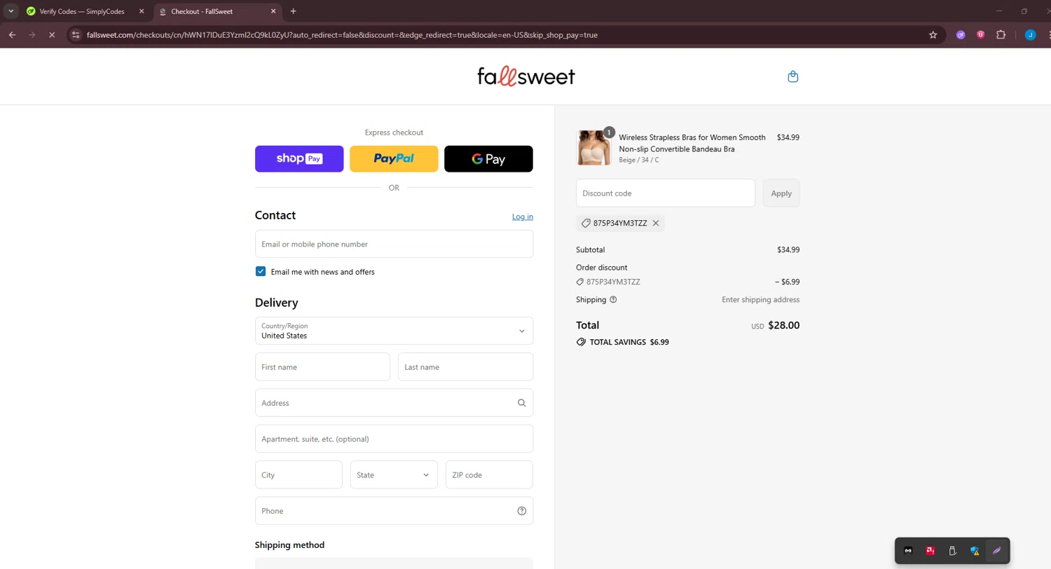 FallSweet promo code screenshot showing code 875P34YM3TZZ applied at FallSweet checkout page. Uploaded by SimplyCodes community member BargainGuardian280 on Jul 27, 2025