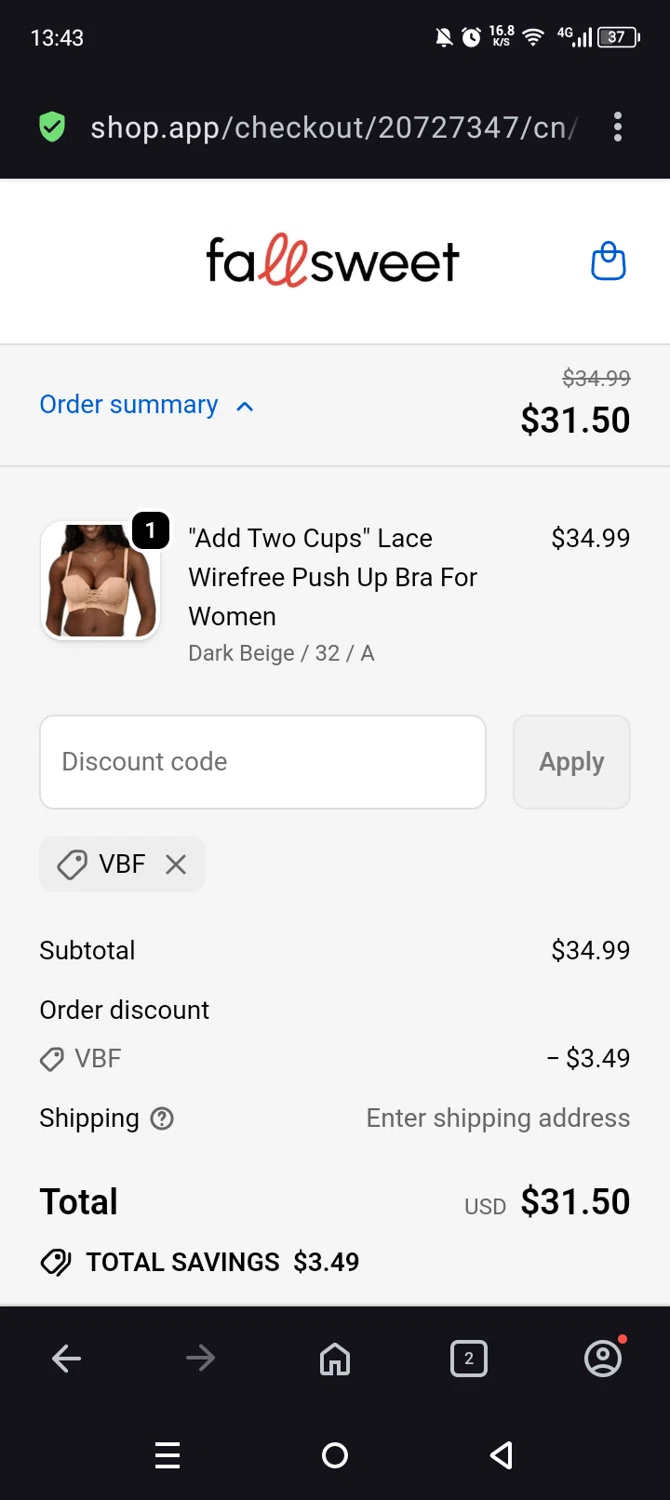 FallSweet promo code screenshot showing code VBF applied at FallSweet checkout page. Uploaded by SimplyCodes community member Olivatle37 on Sep 29, 2025