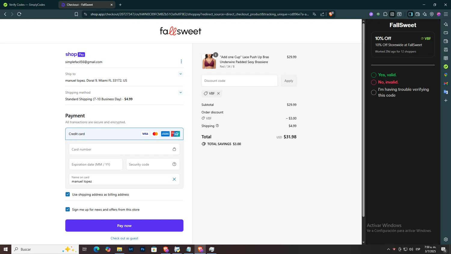 FallSweet promo code screenshot showing code VBF applied at FallSweet checkout page. Uploaded by SimplyCodes community member SmartGuardian6731 on Jul 3, 2025