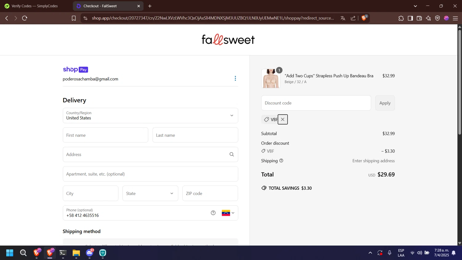 FallSweet promo code screenshot showing code VBF applied at FallSweet checkout page. Uploaded by SimplyCodes community member nabucodonosor on Apr 7, 2025