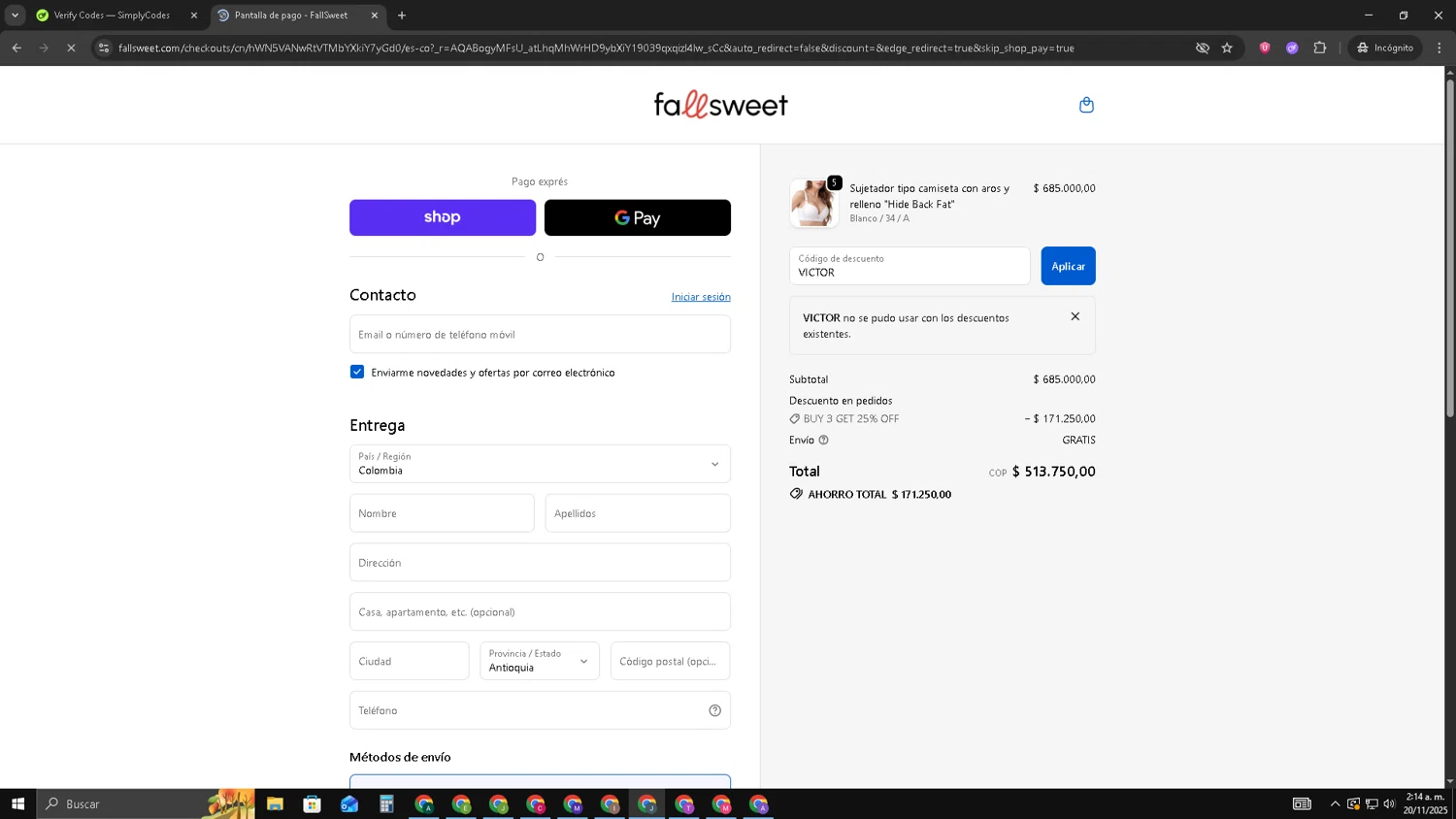 FallSweet promo code screenshot showing code VICTOR applied at FallSweet checkout page. Uploaded by SimplyCodes community member AVATIGRITO on Nov 20, 2025