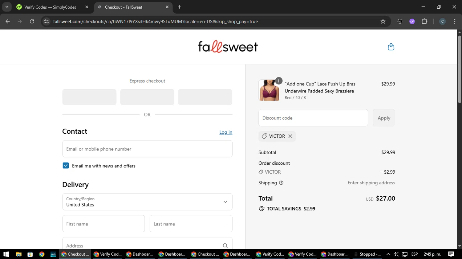 FallSweet promo code screenshot showing code VICTOR applied at FallSweet checkout page. Uploaded by SimplyCodes community member Nata_Montana on Jul 27, 2025