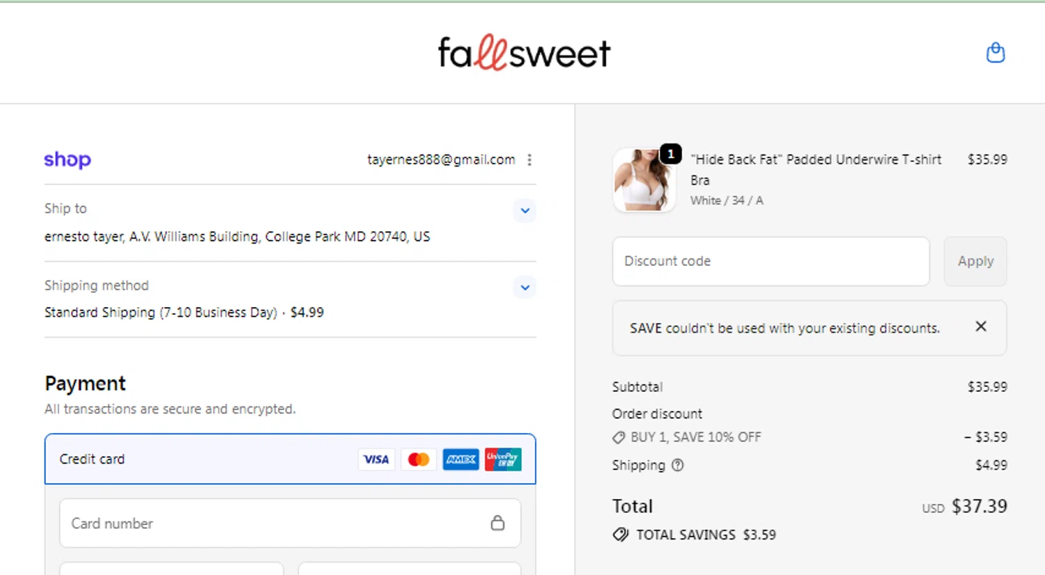 FallSweet promo code screenshot showing code SAVE applied at FallSweet checkout page. Uploaded by SimplyCodes community member CURTIS on Dec 24, 2025