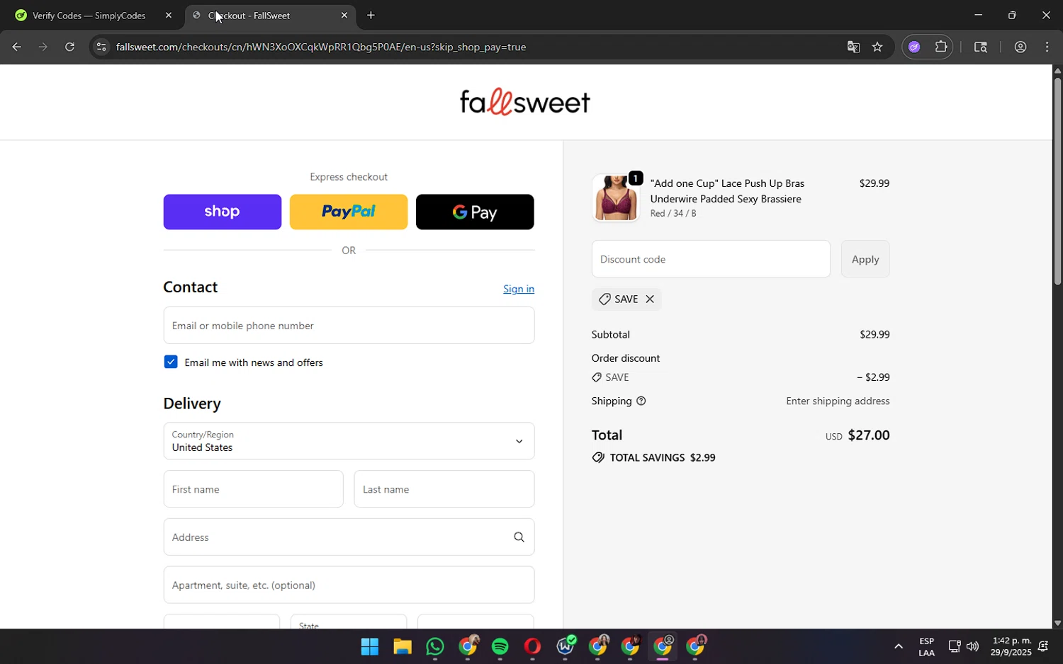 FallSweet promo code screenshot showing code SAVE applied at FallSweet checkout page. Uploaded by SimplyCodes community member wednesday on Sep 29, 2025