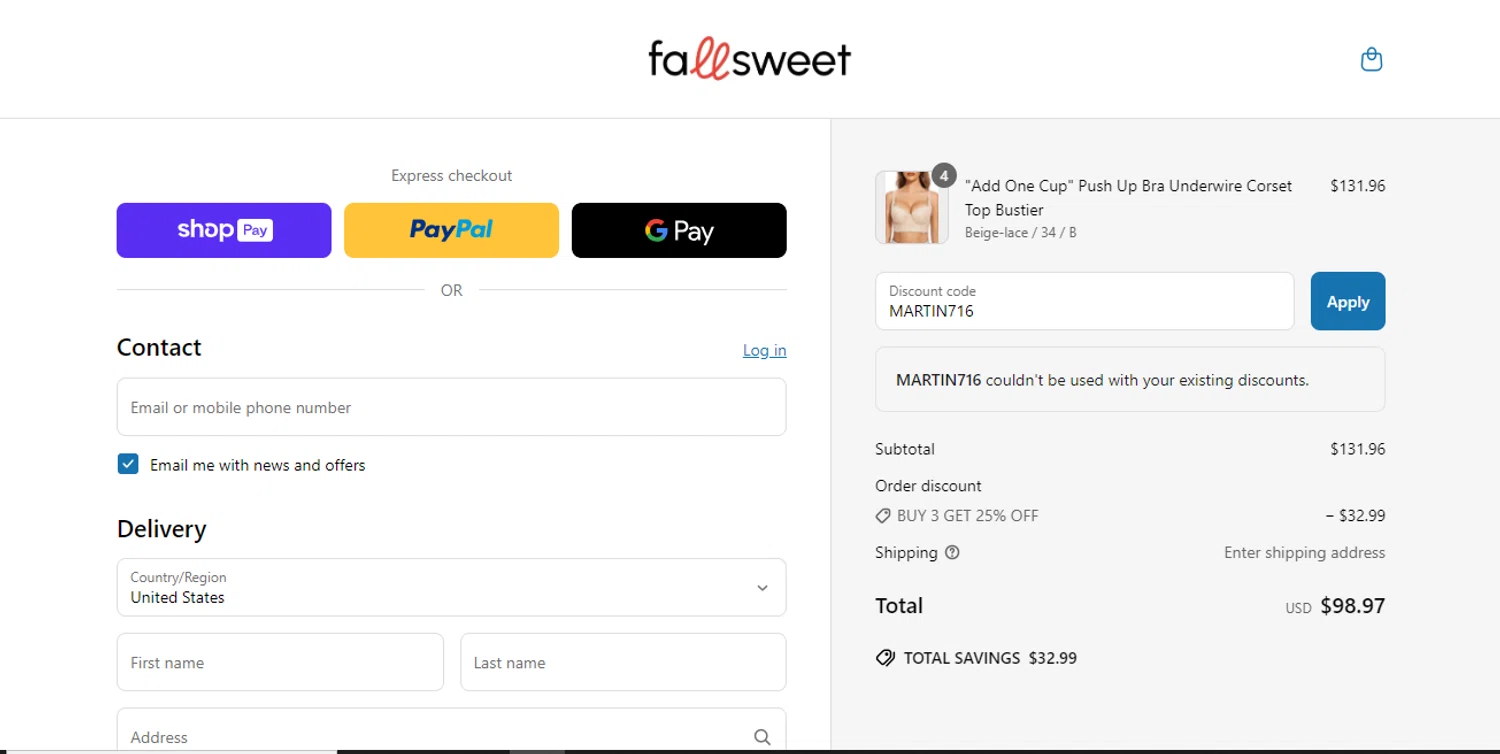 FallSweet promo code screenshot showing code MARTIN716 applied at FallSweet checkout page. Uploaded by SimplyCodes community member GoldSeeker7901 on Jun 6, 2025