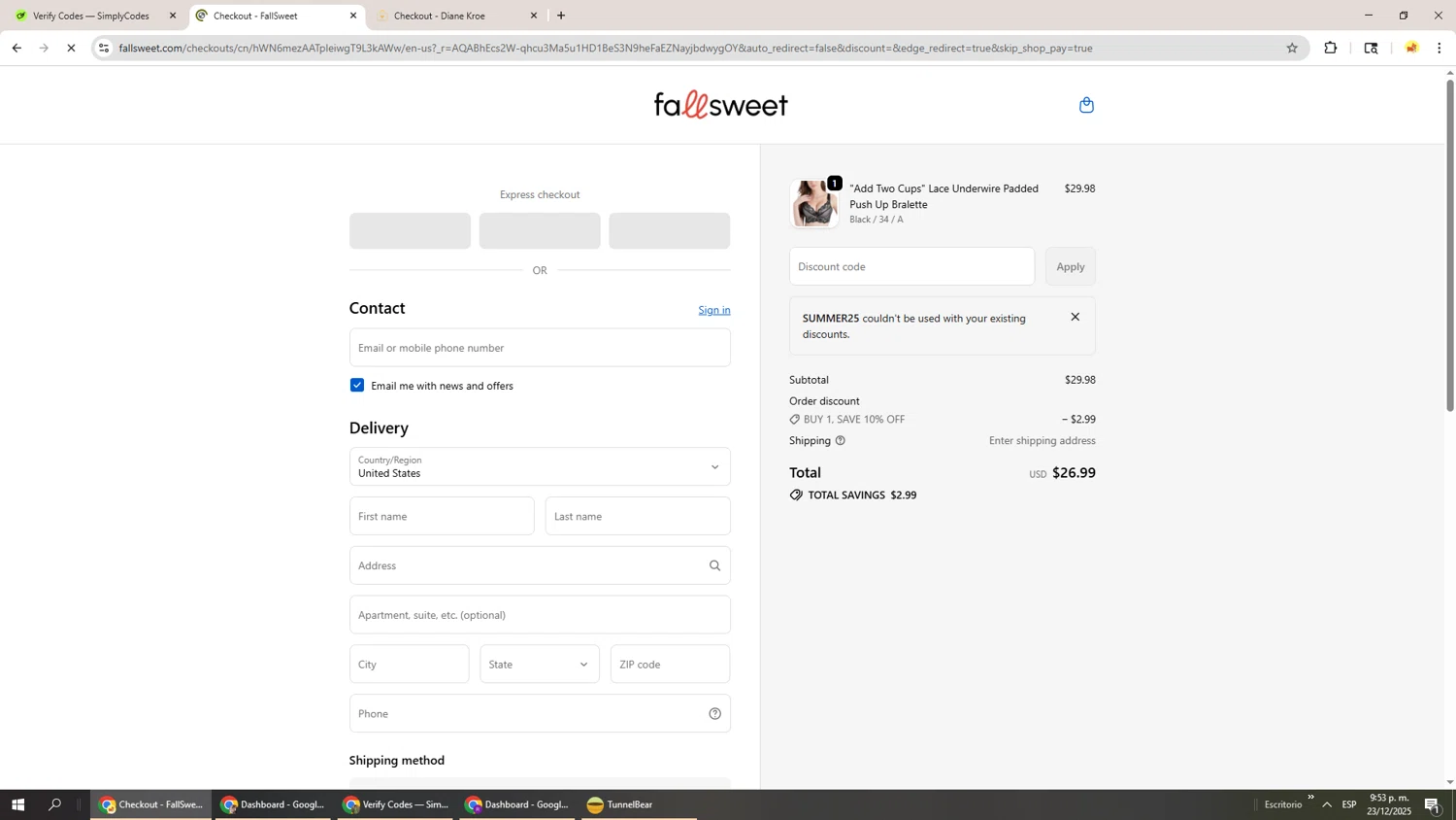 FallSweet checkout page showing FallSweet promo code box | Screenshot taken by SimplyCodes community member on Dec 24, 2025