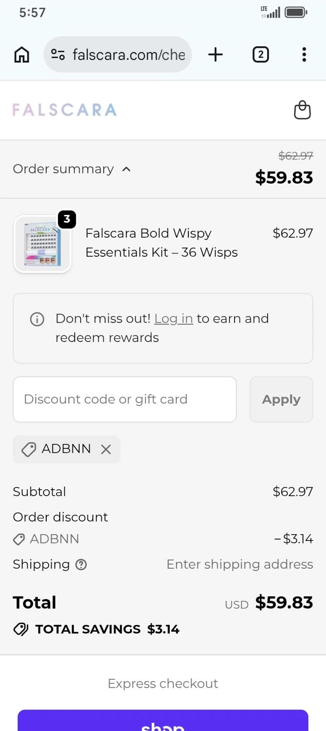 Falscara promo code screenshot showing code ADBNN applied at Falscara checkout page. Uploaded by SimplyCodes community member franksanchez on Jun 2, 2026