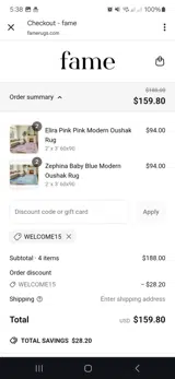 Welcome15 coupon verification screenshot