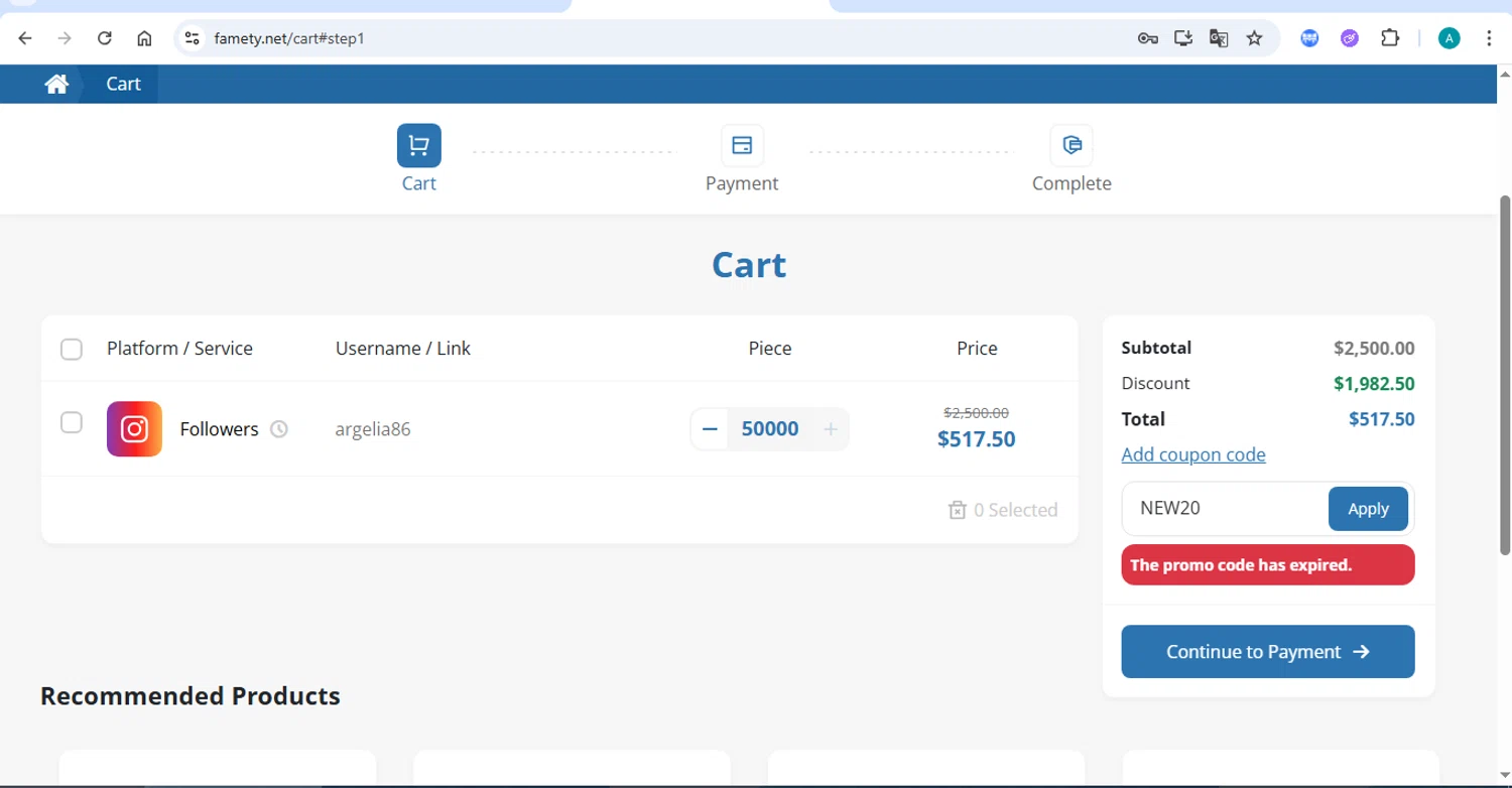 Famety coupon code screenshot showing code NEW20 applied at Famety checkout page. Uploaded by SimplyCodes community member AlexSierra on Sep 16, 2025