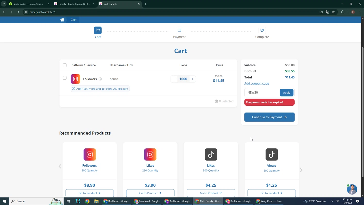 Famety coupon code screenshot showing code NEW20 applied at Famety checkout page. Uploaded by SimplyCodes community member Pirlo420 on Sep 16, 2025