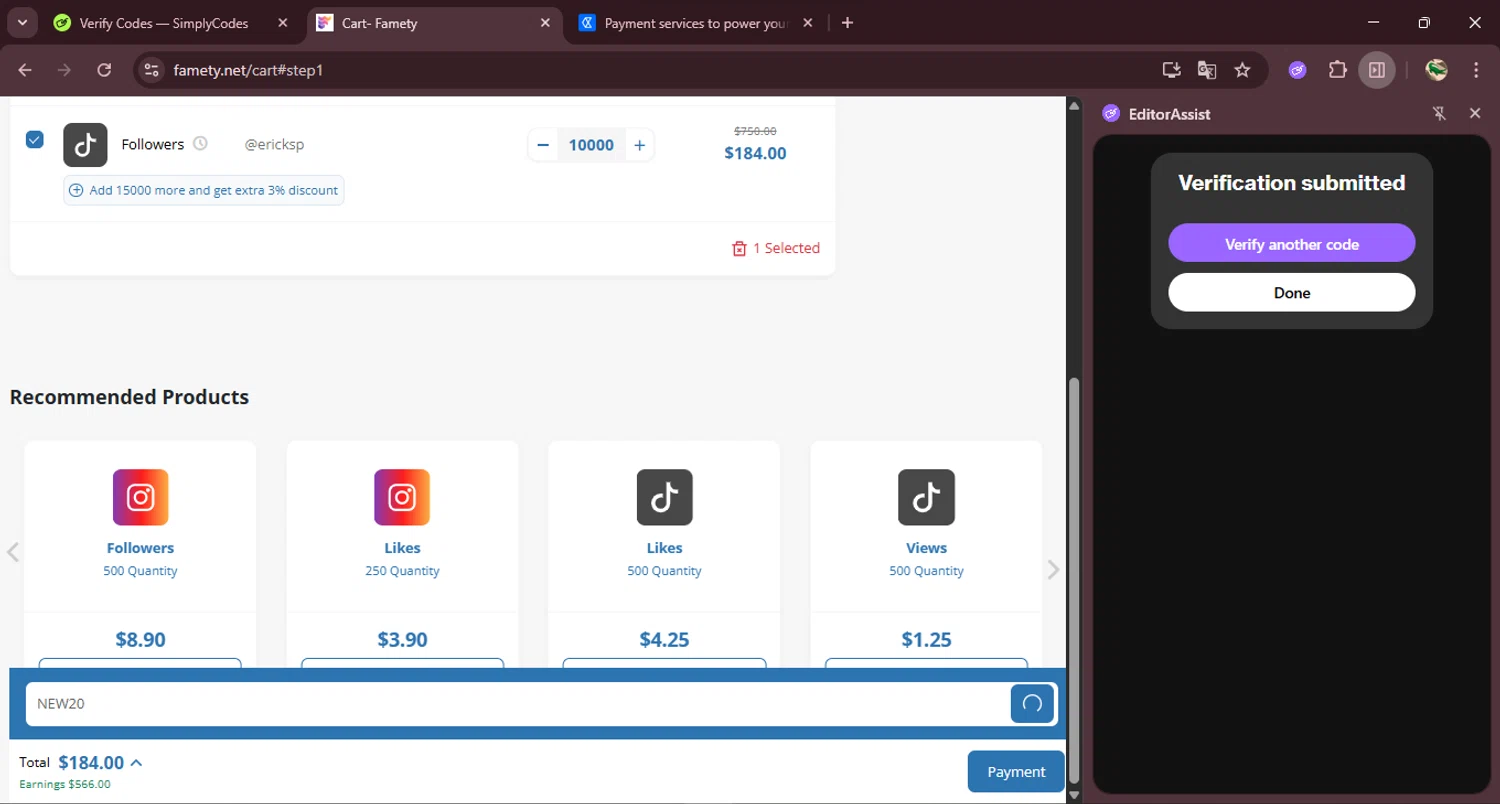 Famety coupon code screenshot showing code NEW20 applied at Famety checkout page. Uploaded by SimplyCodes community member RewardDefender7173 on Sep 16, 2025