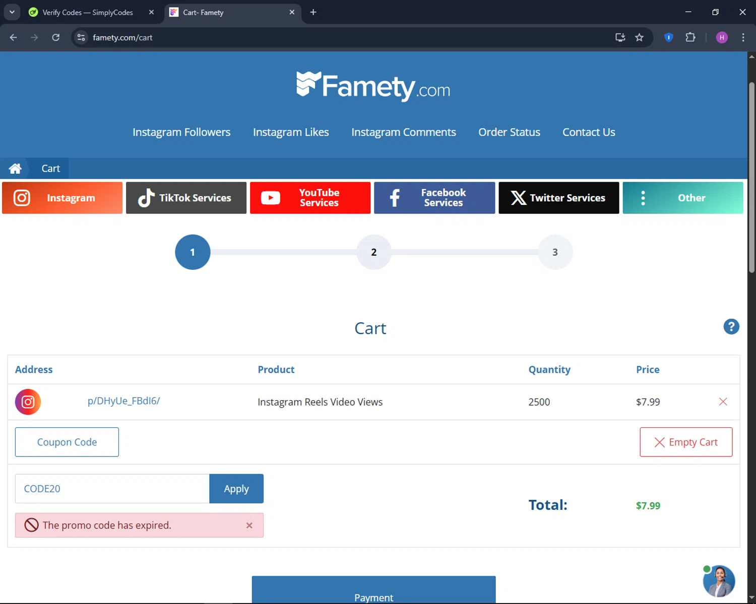 Famety coupon code screenshot showing code CODE20 applied at Famety checkout page. Uploaded by SimplyCodes community member TokenNavigator6891 on Apr 8, 2025
