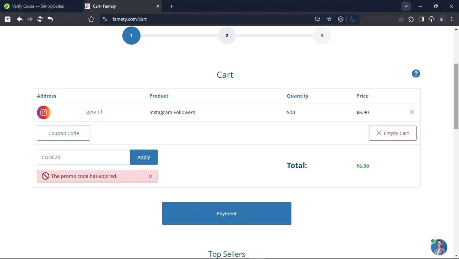 Famety coupon code screenshot showing code CODE20 applied at Famety checkout page. Uploaded by SimplyCodes community member ValiantHunter5929 on Apr 8, 2025