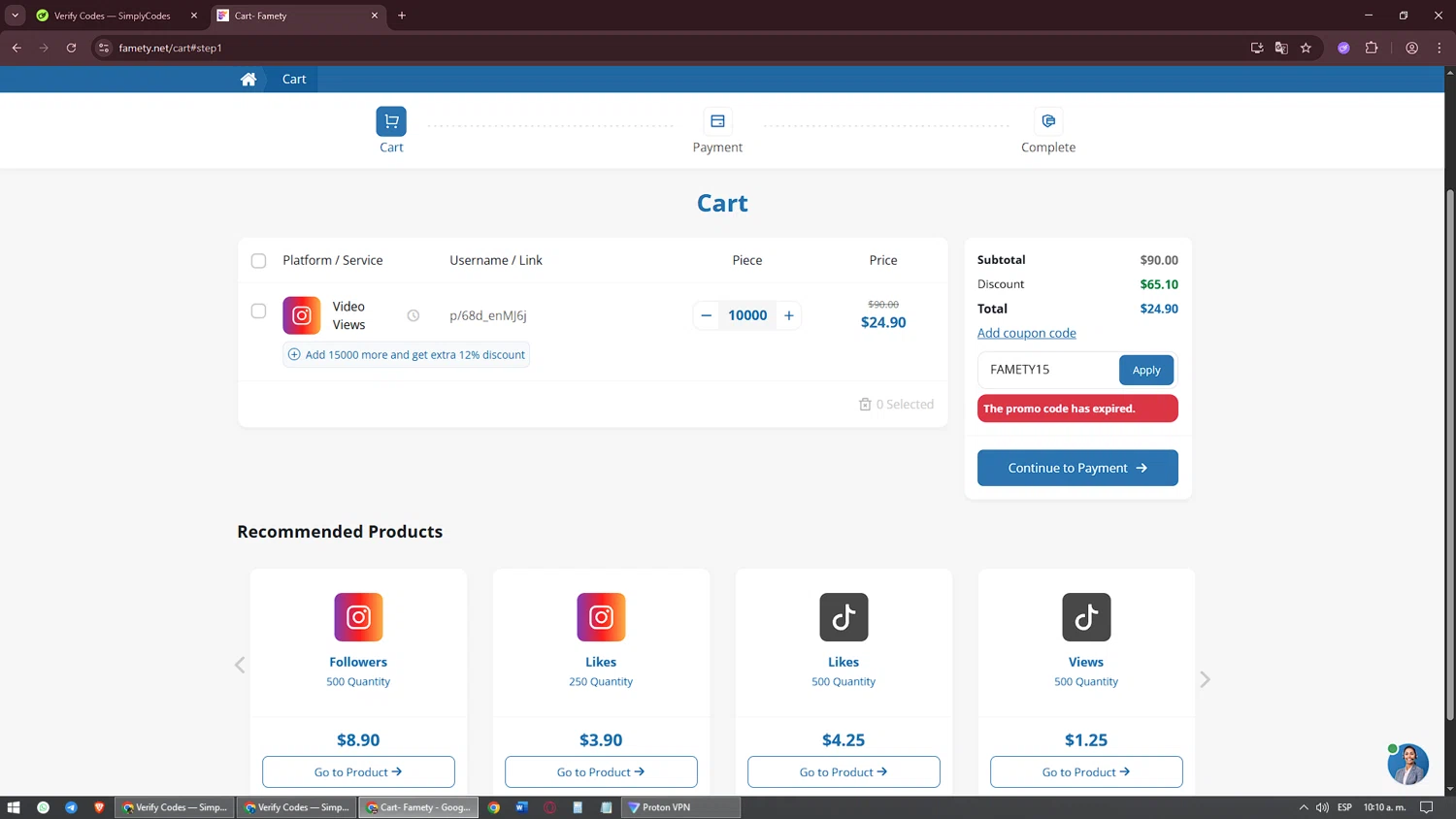 Famety coupon code screenshot showing code FAMETY15 applied at Famety checkout page. Uploaded by SimplyCodes community member jesuscondez on Sep 12, 2025