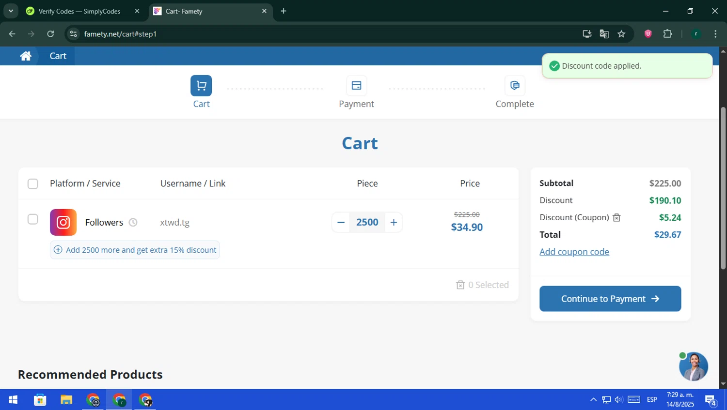 Famety checkout page showing Famety coupon code box | Screenshot taken by SimplyCodes community member on Aug 14, 2025