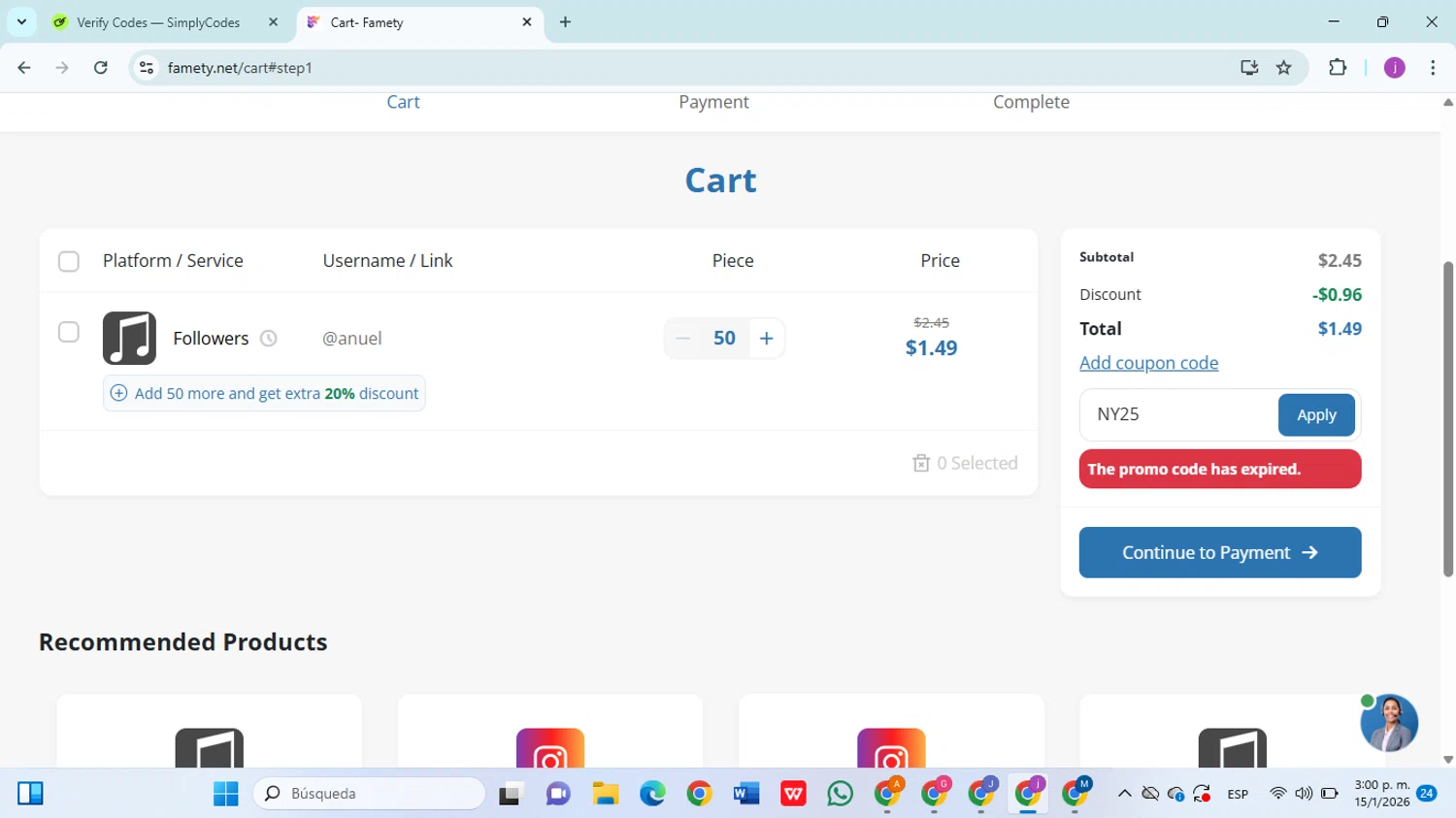 Famety coupon code screenshot showing code NY25 applied at Famety checkout page. Uploaded by SimplyCodes community member christophersierra on Jan 15, 2026