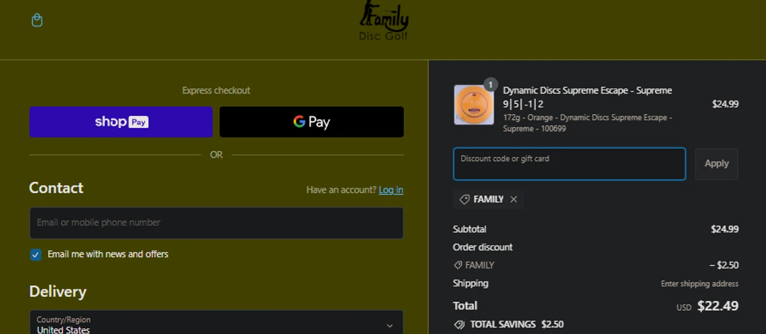 Family Disc Golf checkout page showing Family Disc Golf promo code box | Screenshot taken by SimplyCodes community member on Feb 24, 2024
