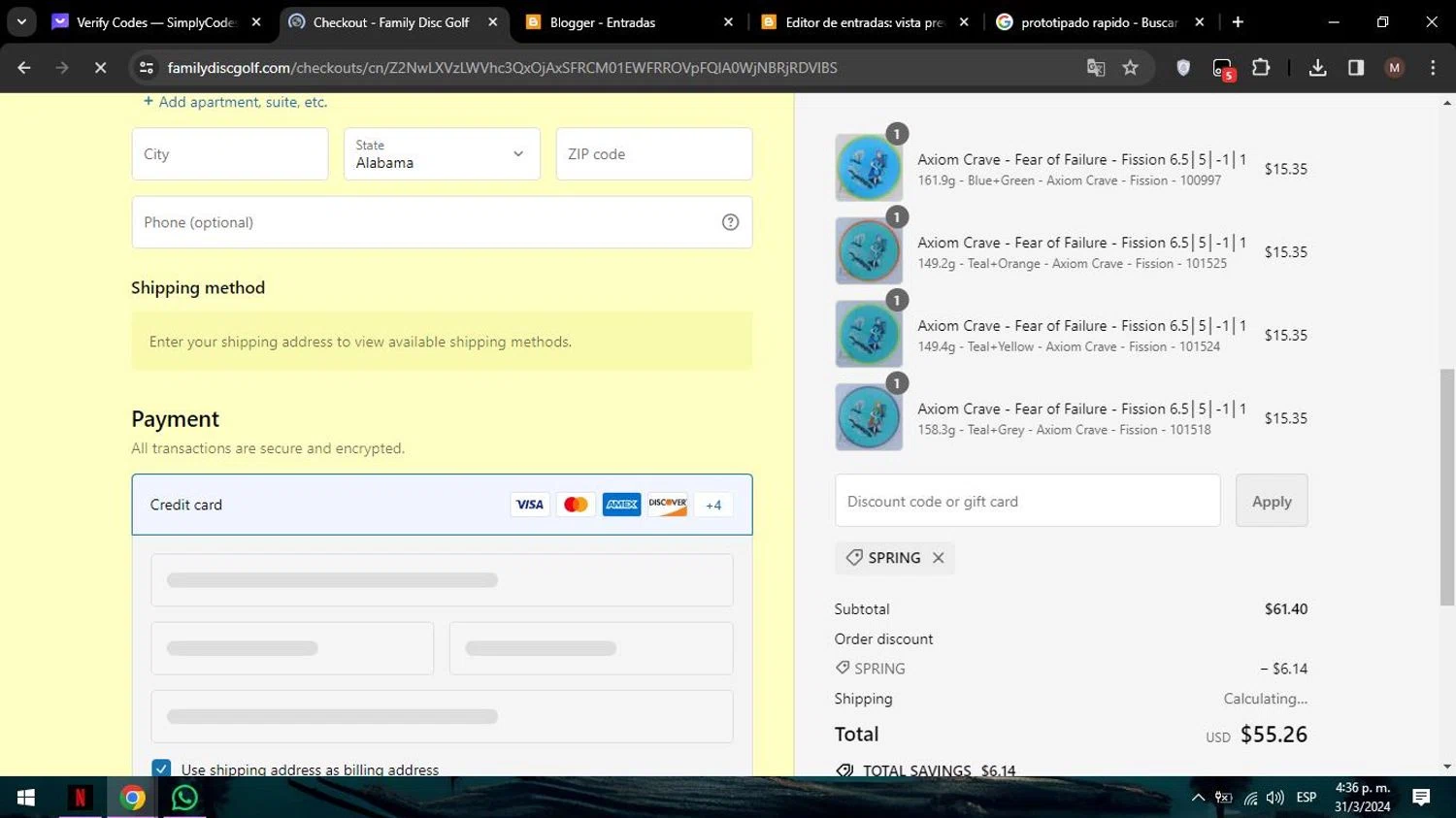 Family Disc Golf checkout page showing Family Disc Golf promo code box | Screenshot taken by SimplyCodes community member on Mar 31, 2024