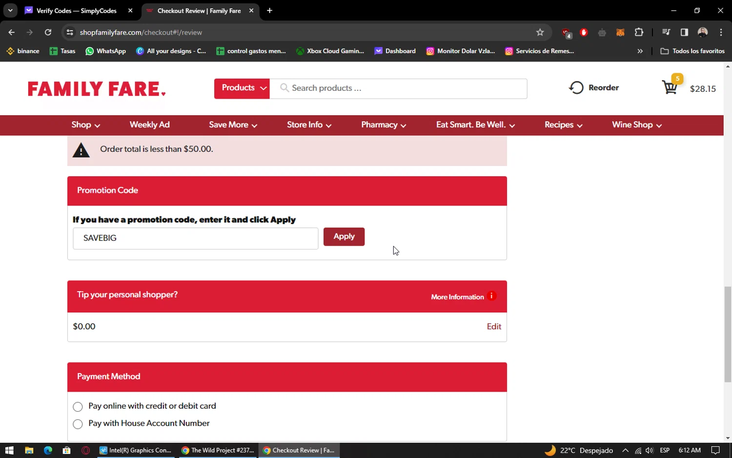 where to use Family Fare promo code box