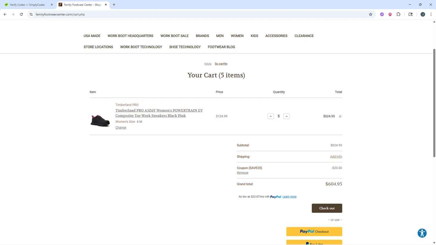 Family Footwear Center promo code screenshot showing code SAVE20 applied at Family Footwear Center checkout page. Uploaded by SimplyCodes community member AVATIGRITO on Aug 30, 2025