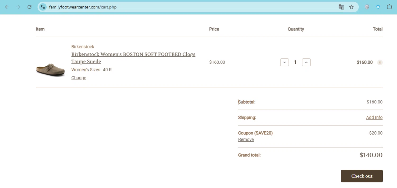 Family Footwear Center promo code screenshot showing code SAVE20 applied at Family Footwear Center checkout page. Uploaded by SimplyCodes community member carol_lameda on Mar 25, 2025