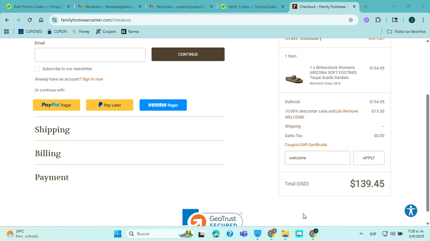 Family Footwear Center promo code screenshot showing code welcome applied at Family Footwear Center checkout page. Uploaded by SimplyCodes community member jorgejavierherrera on Sep 3, 2025
