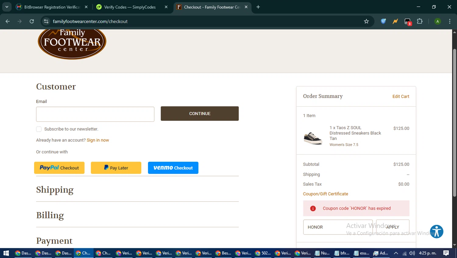 Family Footwear Center promo code screenshot showing code HONOR applied at Family Footwear Center checkout page. Uploaded by SimplyCodes community member CashLynx5338 on Jun 21, 2025
