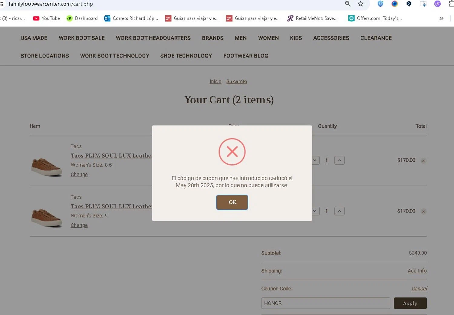 Family Footwear Center promo code screenshot showing code HONOR applied at Family Footwear Center checkout page. Uploaded by SimplyCodes community member LAMINEJAMAL on Jun 21, 2025