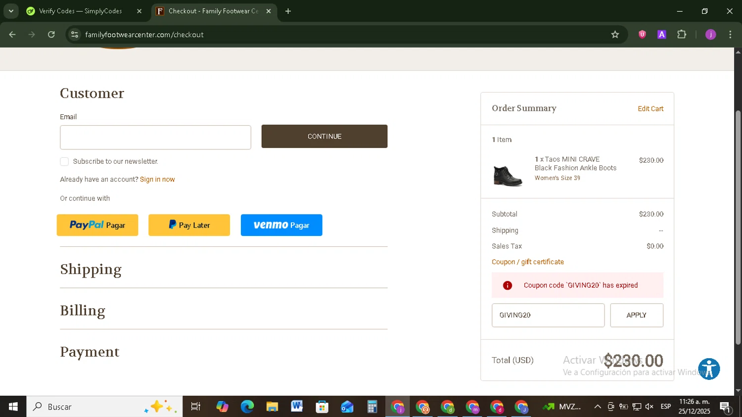 Family Footwear Center promo code screenshot showing code GIVING20 applied at Family Footwear Center checkout page. Uploaded by SimplyCodes community member Tazbravo on Dec 25, 2025