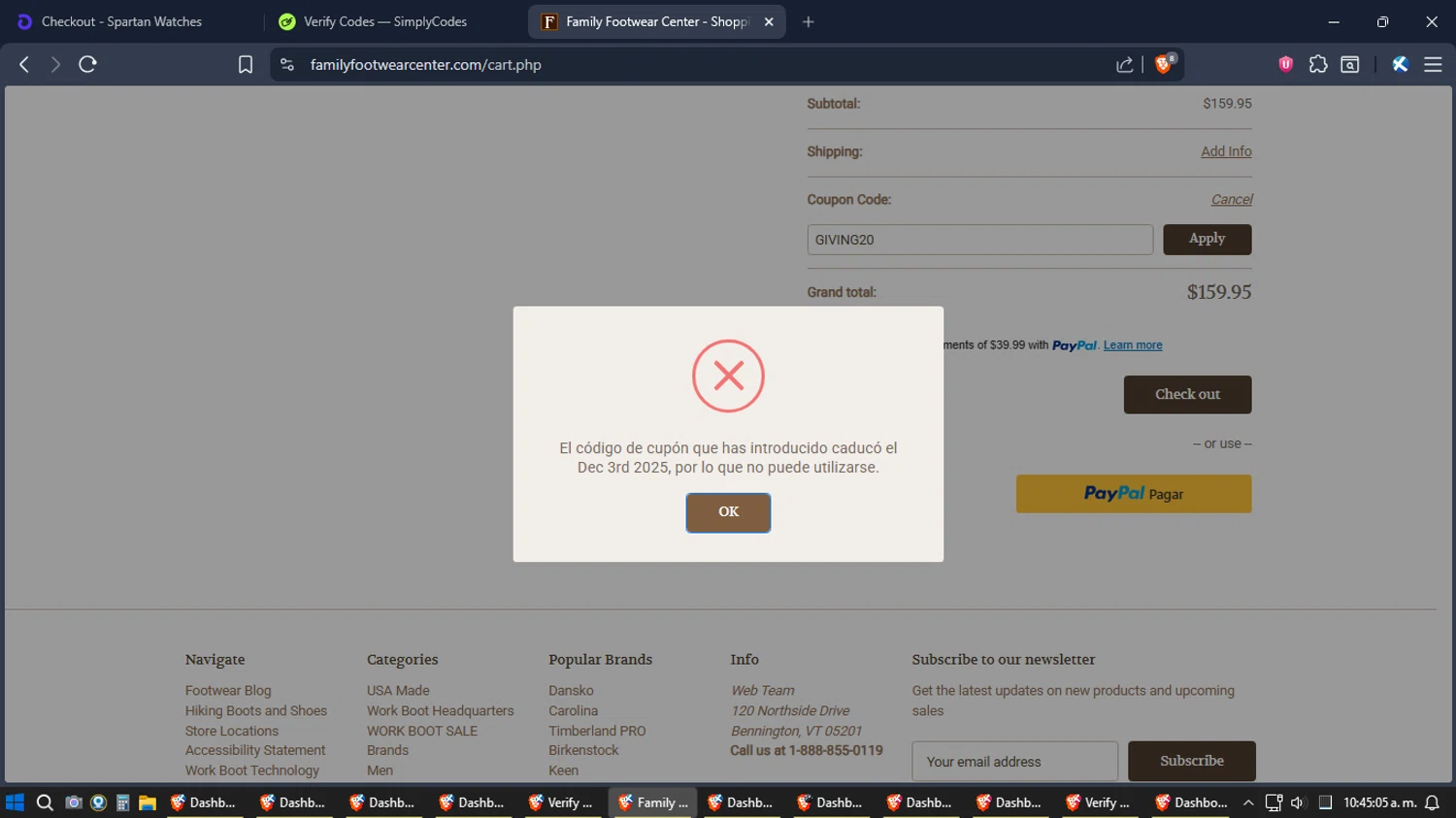Family Footwear Center promo code screenshot showing code GIVING20 applied at Family Footwear Center checkout page. Uploaded by SimplyCodes community member TreasureExpert3303 on Dec 25, 2025