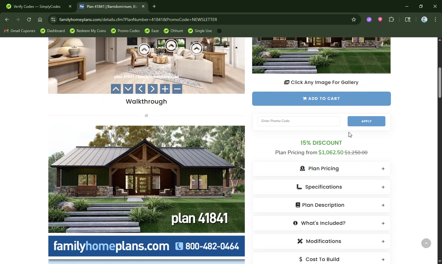 Family Home Plans promo code screenshot showing code NEWSLETTER applied at Family Home Plans checkout page. Uploaded by SimplyCodes community member LHaunter2 on Jan 5, 2026