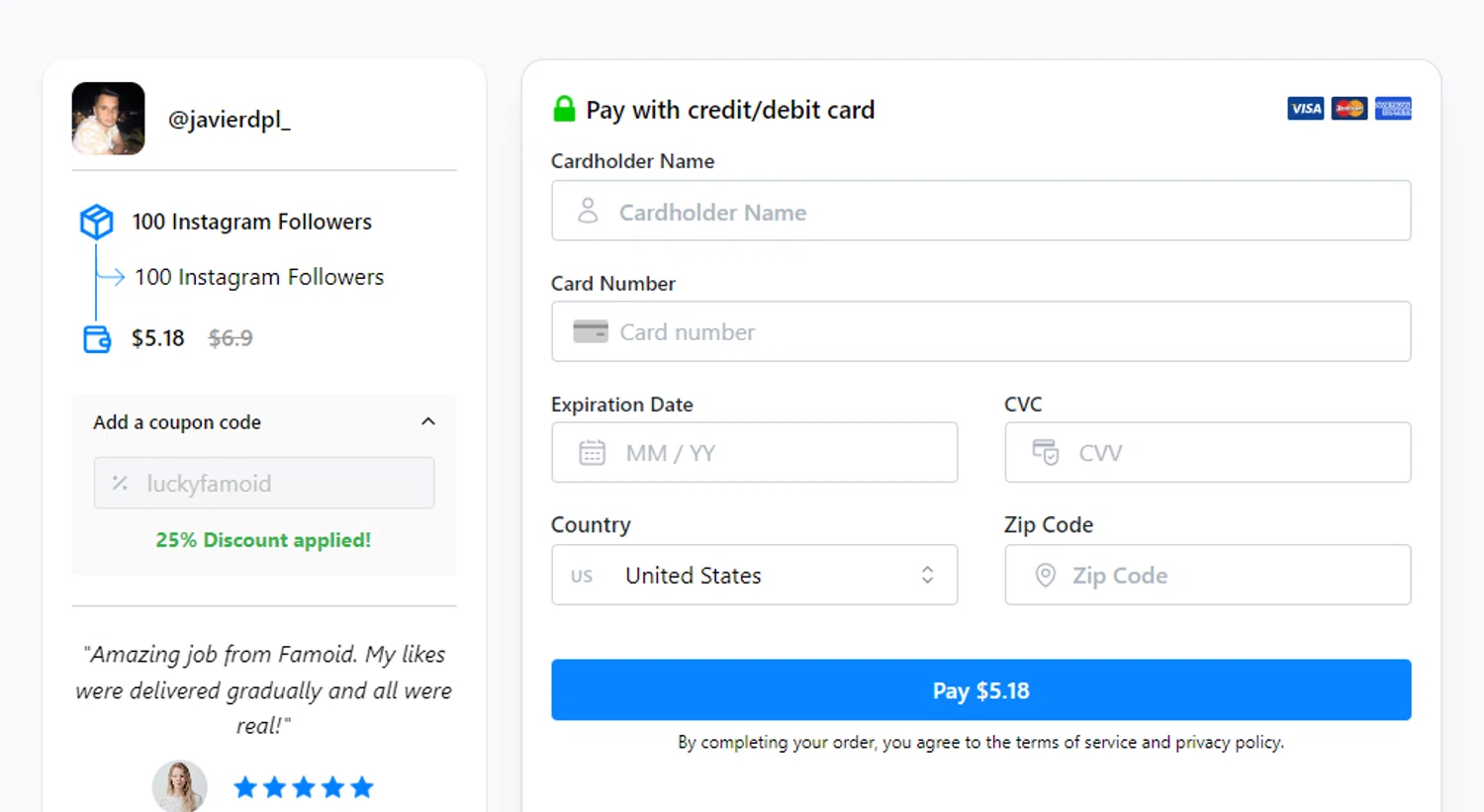 Famoid checkout page showing Famoid coupon code box | Screenshot taken by SimplyCodes community member on Jan 10, 2024