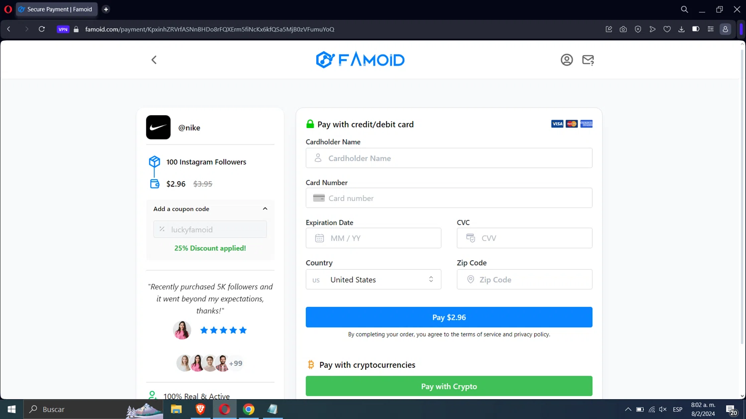 Famoid checkout page showing Famoid coupon code box | Screenshot taken by SimplyCodes community member on Feb 8, 2024