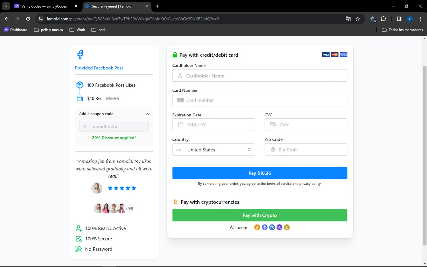 Famoid checkout page showing Famoid coupon code box | Screenshot taken by SimplyCodes community member on Jan 10, 2024