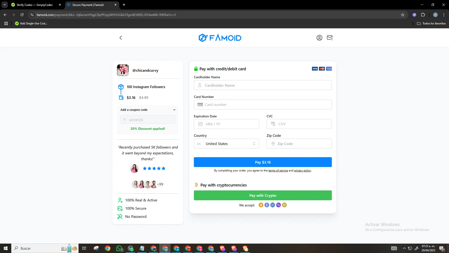 Famoid coupon code screenshot showing code secret20 applied at Famoid checkout page. Uploaded by SimplyCodes community member Neonvalo on Apr 20, 2025