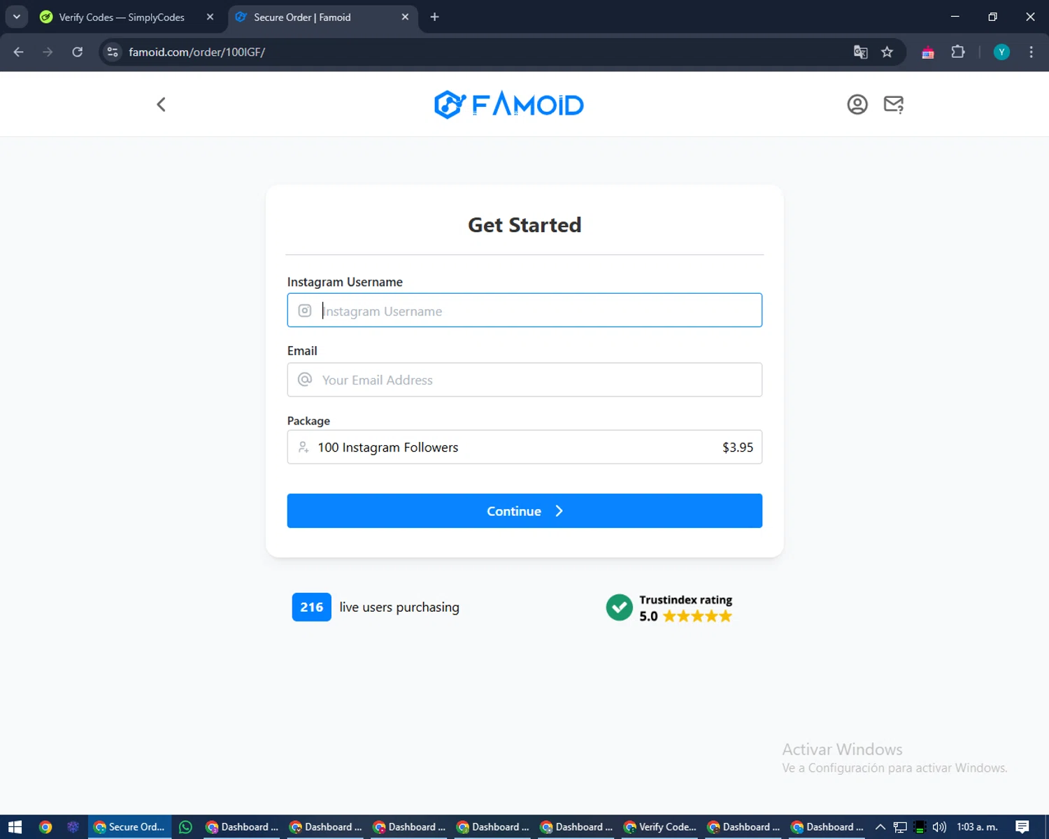 Famoid checkout page showing Famoid coupon code box | Screenshot taken by SimplyCodes community member on Feb 10, 2025