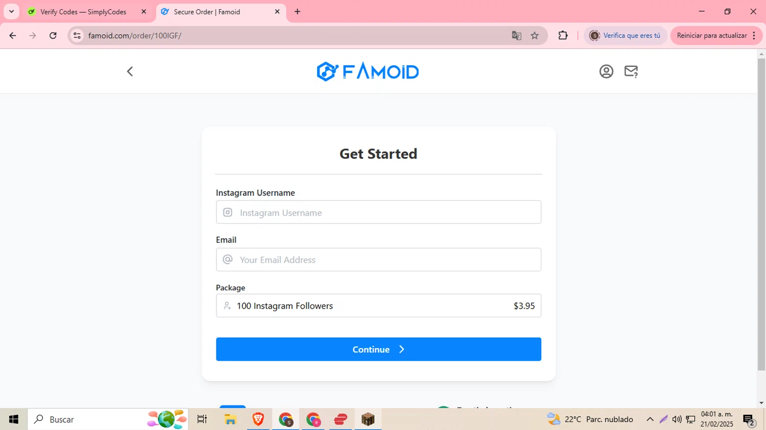 Famoid checkout page showing Famoid coupon code box | Screenshot taken by SimplyCodes community member on Feb 21, 2025