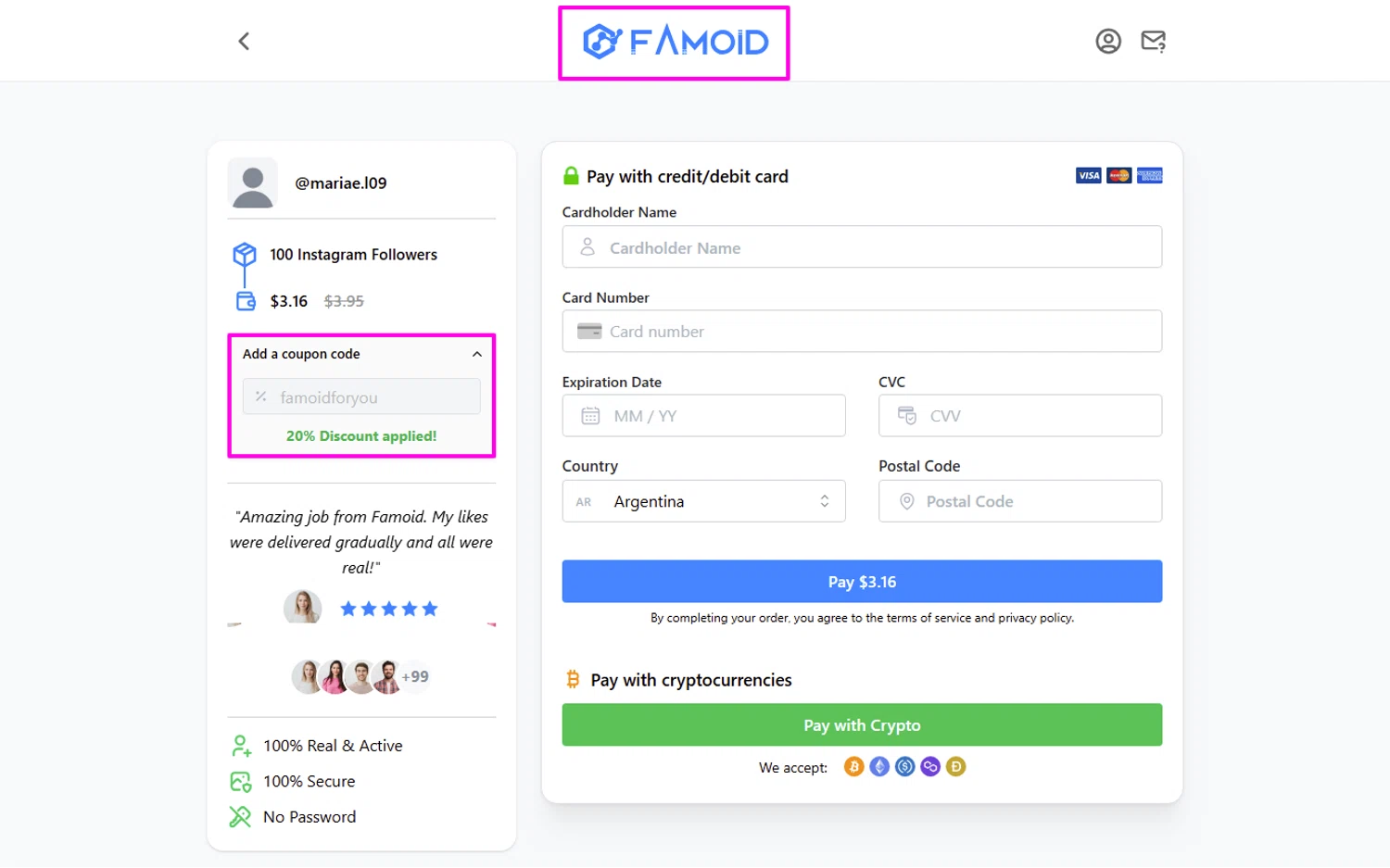 Famoid coupon code screenshot showing code famoidforyou applied at Famoid checkout page. Uploaded by SimplyCodes community member mrdarcy on Jun 19, 2025