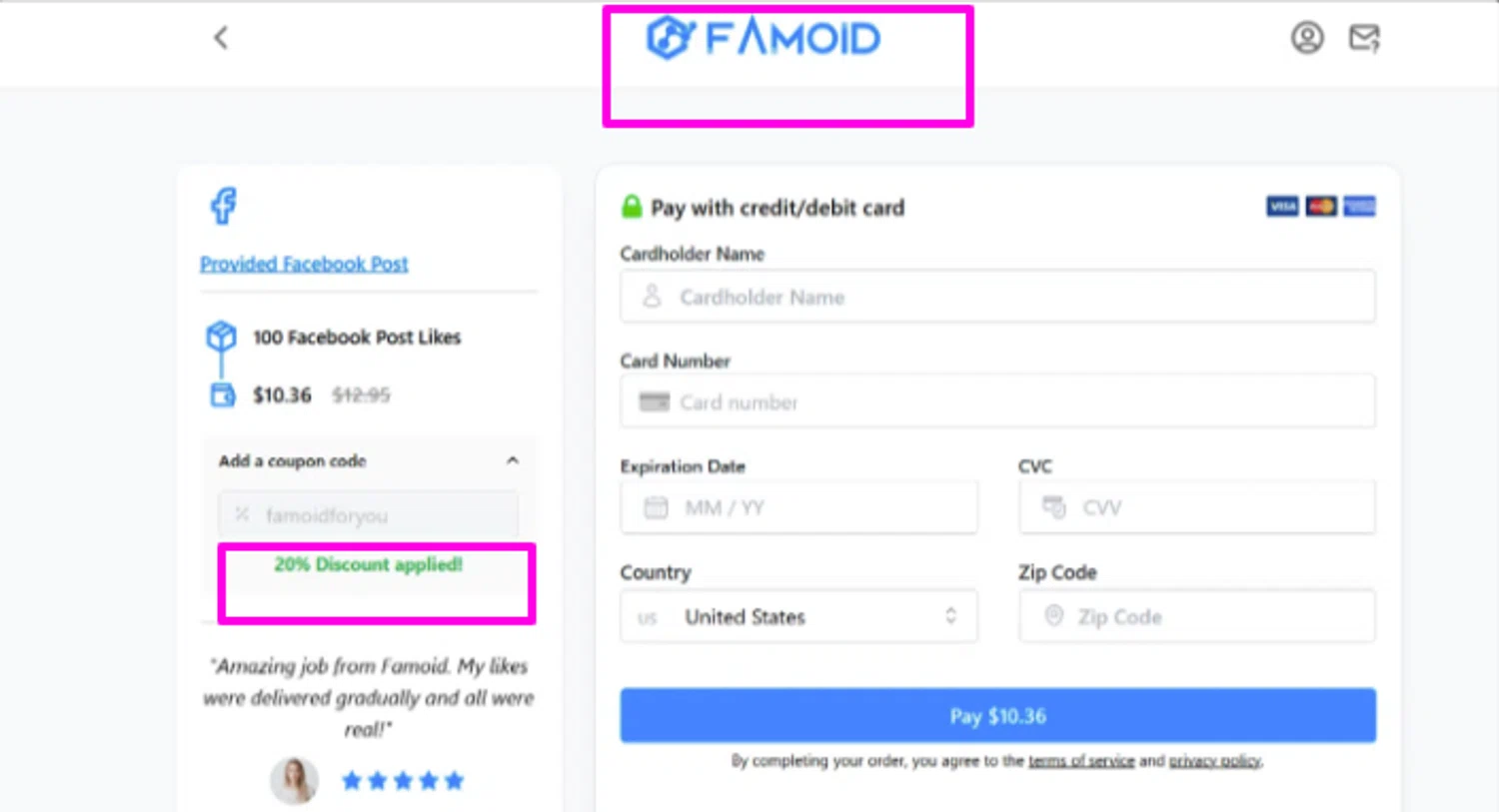 Famoid coupon code screenshot showing code famoidforyou applied at Famoid checkout page. Uploaded by SimplyCodes community member mrdarcy on Jan 17, 2026