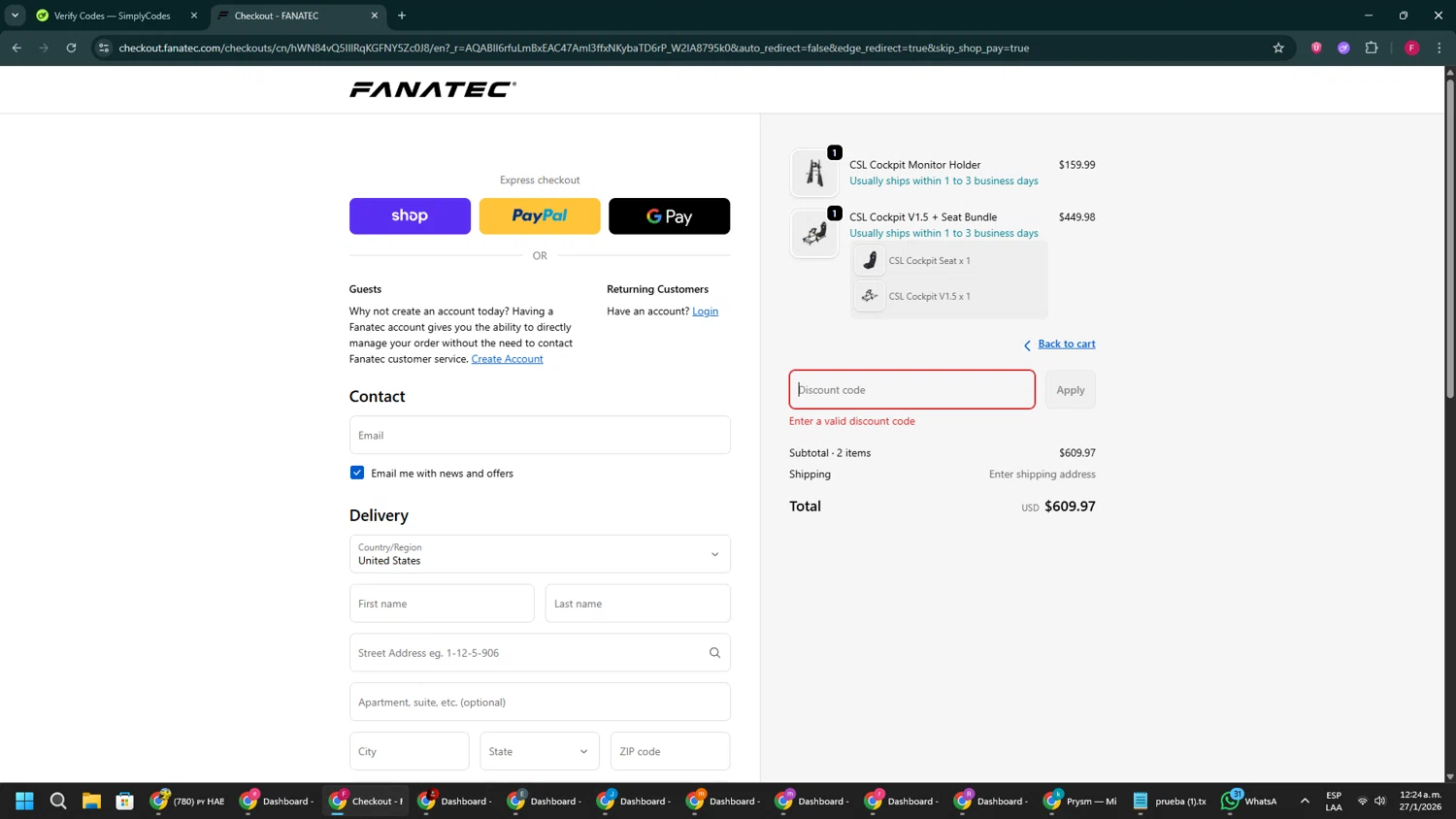 Fanatec discount code screenshot showing code COUPON5 applied at Fanatec checkout page. Uploaded by SimplyCodes community member ExtraordinaryVirtuoso281 on Jan 27, 2026