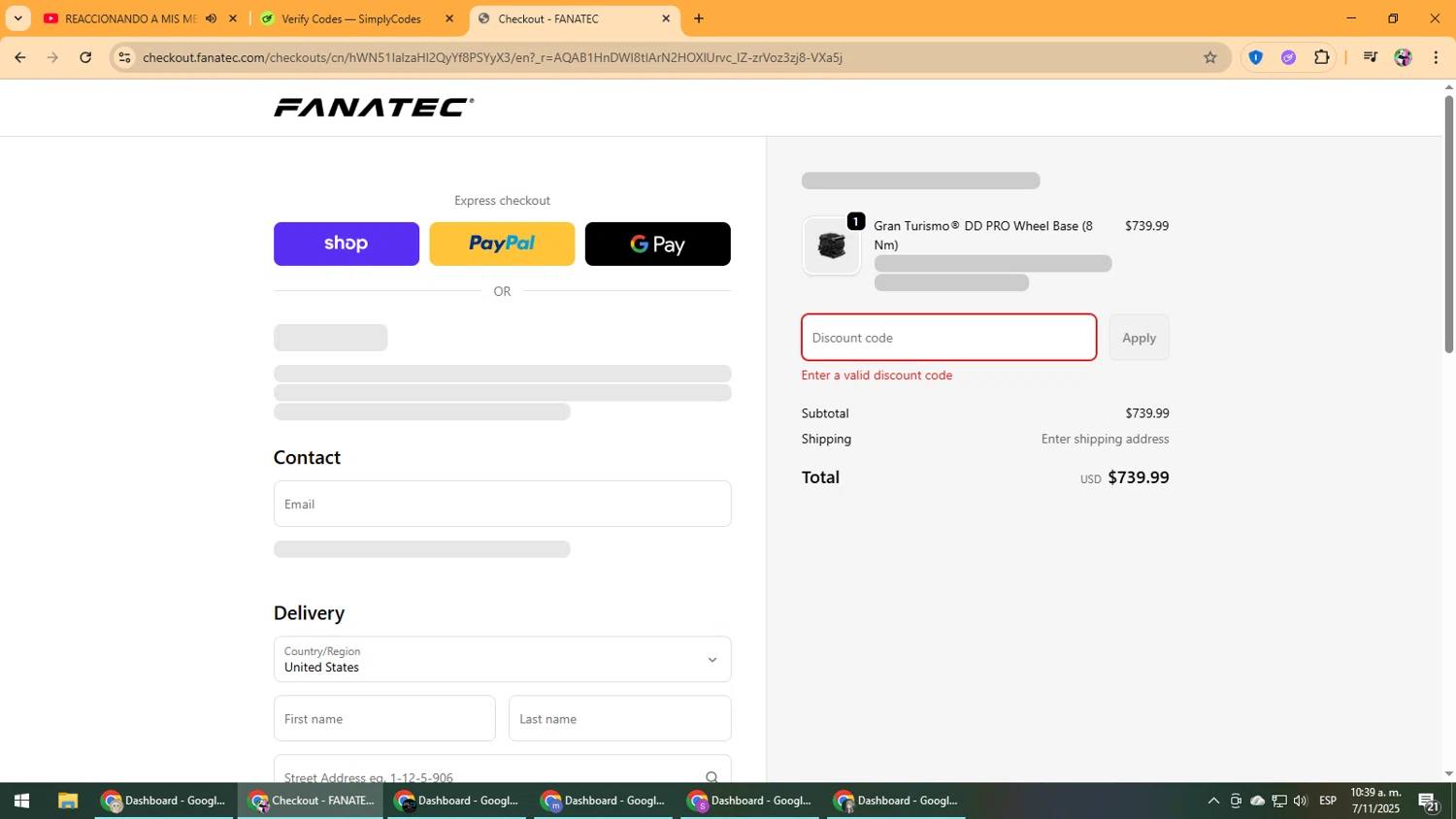 Fanatec discount code screenshot showing code COUPON5 applied at Fanatec checkout page. Uploaded by SimplyCodes community member Vanmanuel on Nov 7, 2025