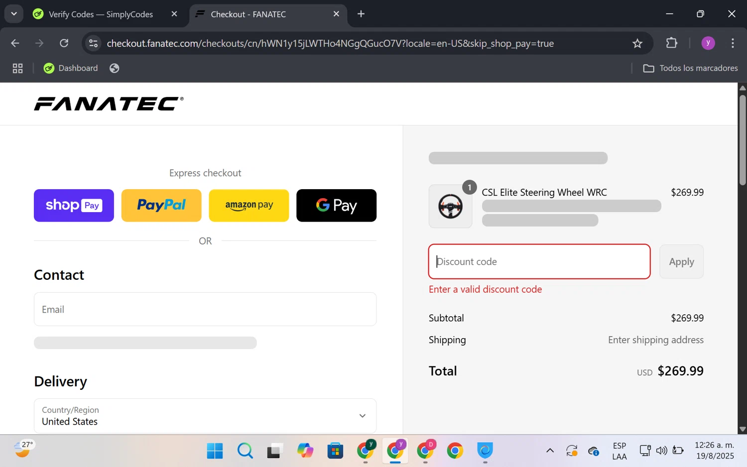 Fanatec discount code screenshot showing code RACING25 applied at Fanatec checkout page. Uploaded by SimplyCodes community member FrugalKnight6753 on Aug 19, 2025