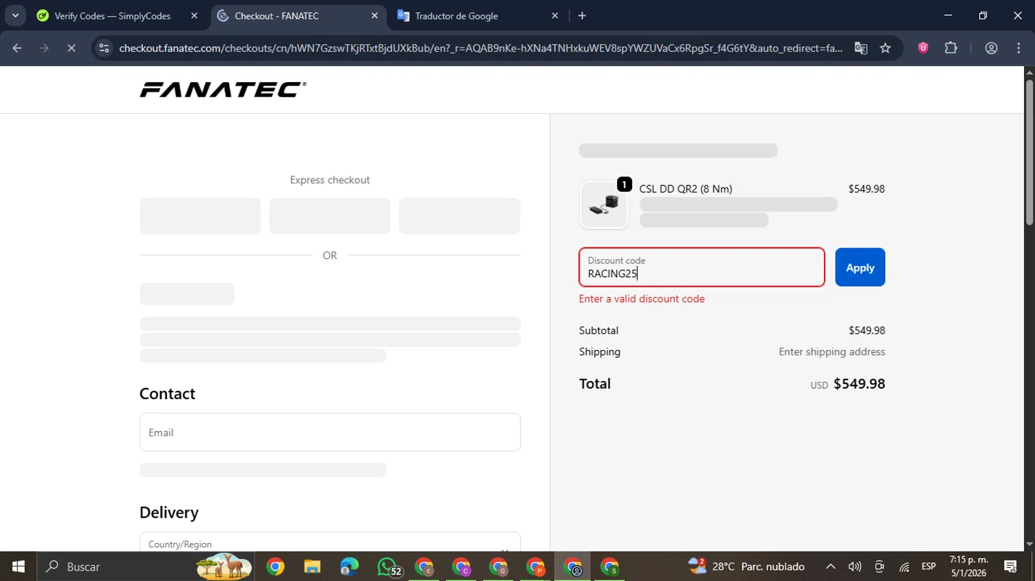 Fanatec discount code screenshot showing code RACING25 applied at Fanatec checkout page. Uploaded by SimplyCodes community member GloriousDefender7889 on Jan 5, 2026