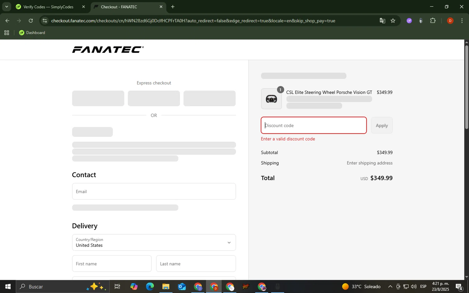 Fanatec discount code screenshot showing code RACING15 applied at Fanatec checkout page. Uploaded by SimplyCodes community member LegendaryCollector9893 on Aug 23, 2025