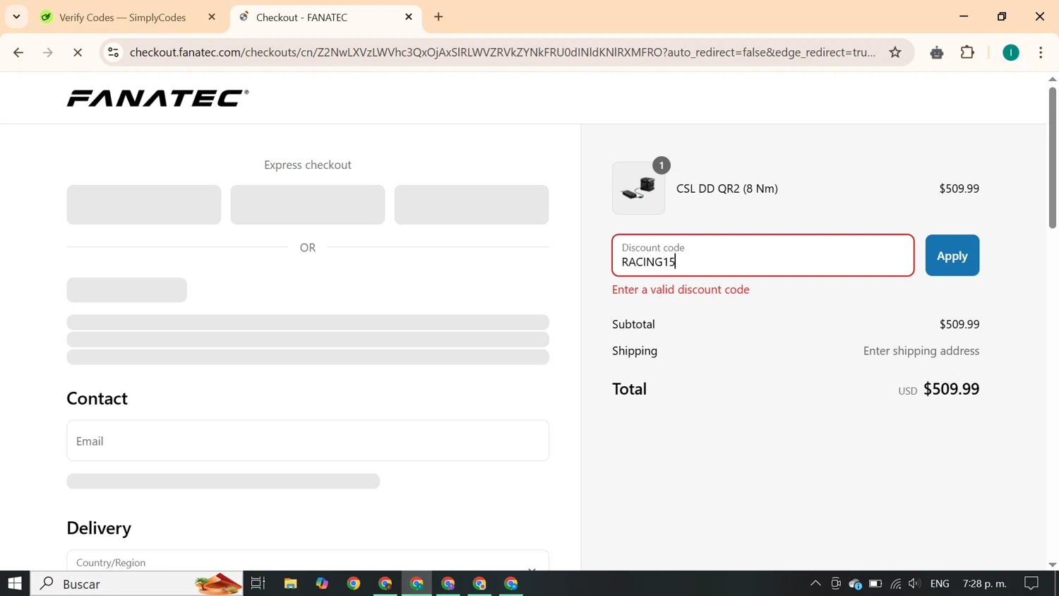 Fanatec discount code screenshot showing code RACING15 applied at Fanatec checkout page. Uploaded by SimplyCodes community member ExtraordinaryKnight690 on May 6, 2025