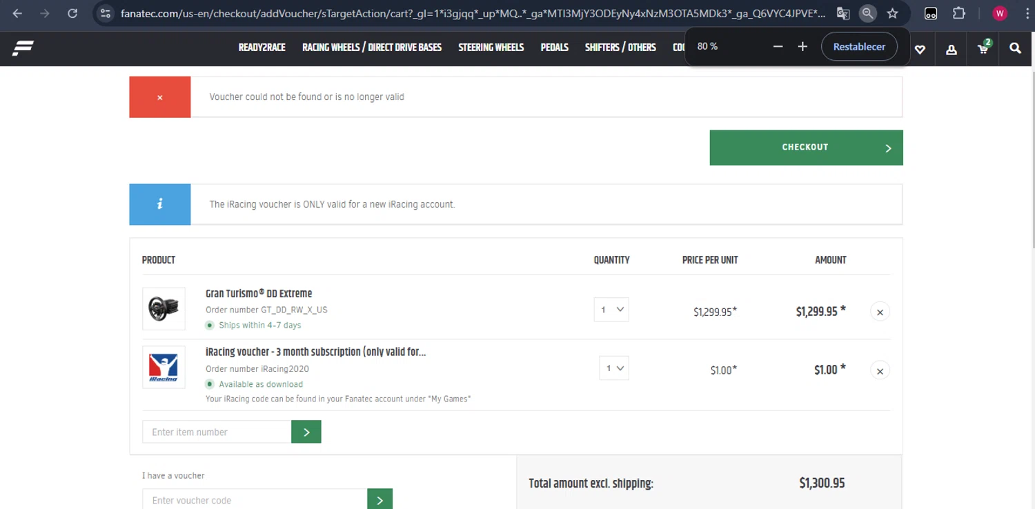 Fanatec discount code screenshot showing code RA10 applied at Fanatec checkout page. Uploaded by SimplyCodes community member CleverPhoenix2364 on Jan 26, 2025