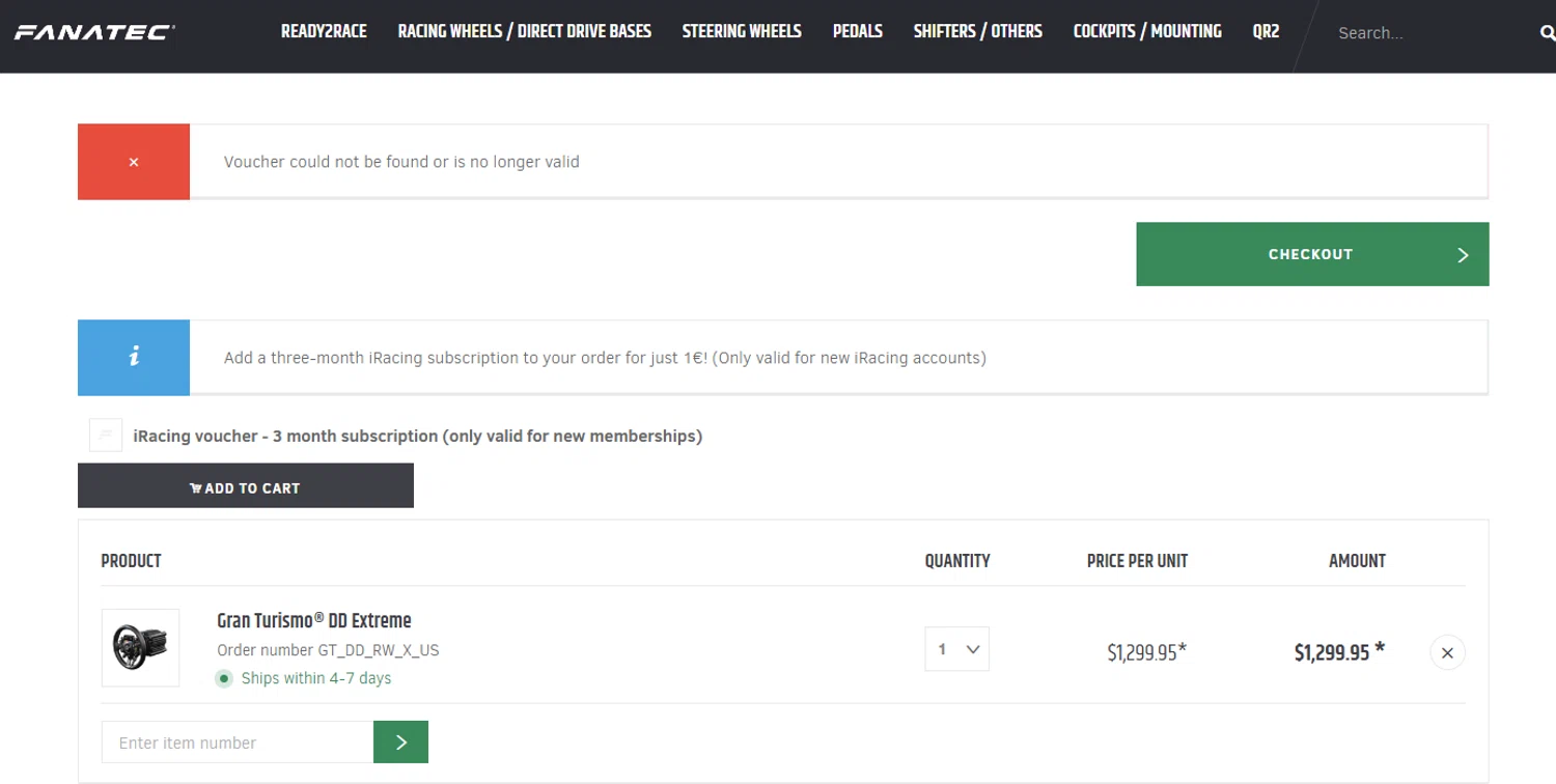 Fanatec discount code screenshot showing code RA10 applied at Fanatec checkout page. Uploaded by SimplyCodes community member MoneyScout2554 on Jan 26, 2025